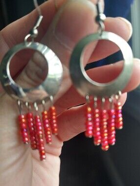 Handmade Silver Hoop Earrings with Fiery Orange And Pink Bead Fringe